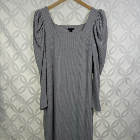 Express Puff Sleeve Ribbed Long Sleeve Mini Gray Dress M NWT - Picture 3 of 10